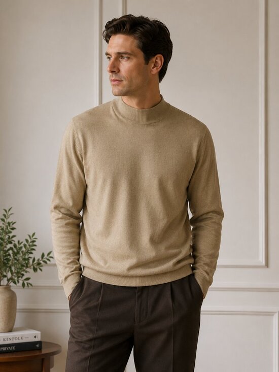 Jos. A. Bank Other - Jos. A. Bank 100% Silk Mock Neck Sweater Mens M Beige Lightweight Luxury Knit